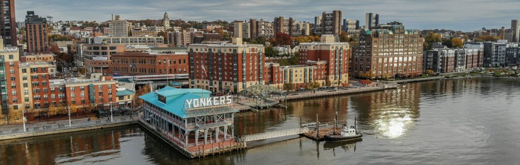Aerial view of the Yonkers waterfront and pier on the Hudson River